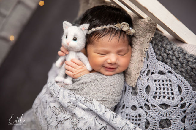 Smiling newborn baby girl holding kitten sleeping in small bed in grey setup