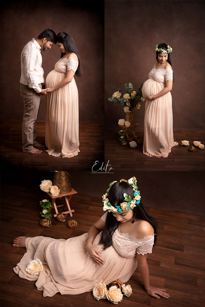 Beige maternity outfit for pregnancy photo shoot in Pune by Yulia Soloveva Collection
