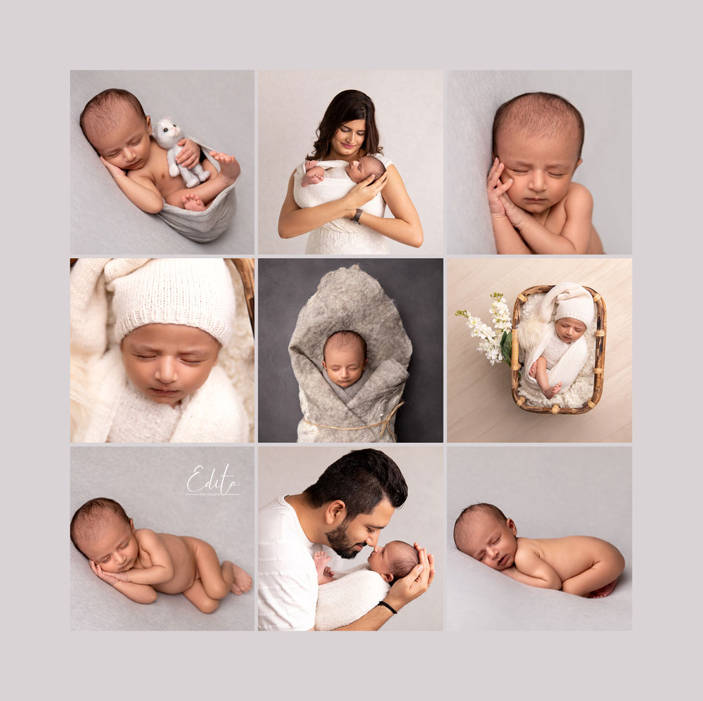 Neutral grey tones newborn baby photoshoot in Pune