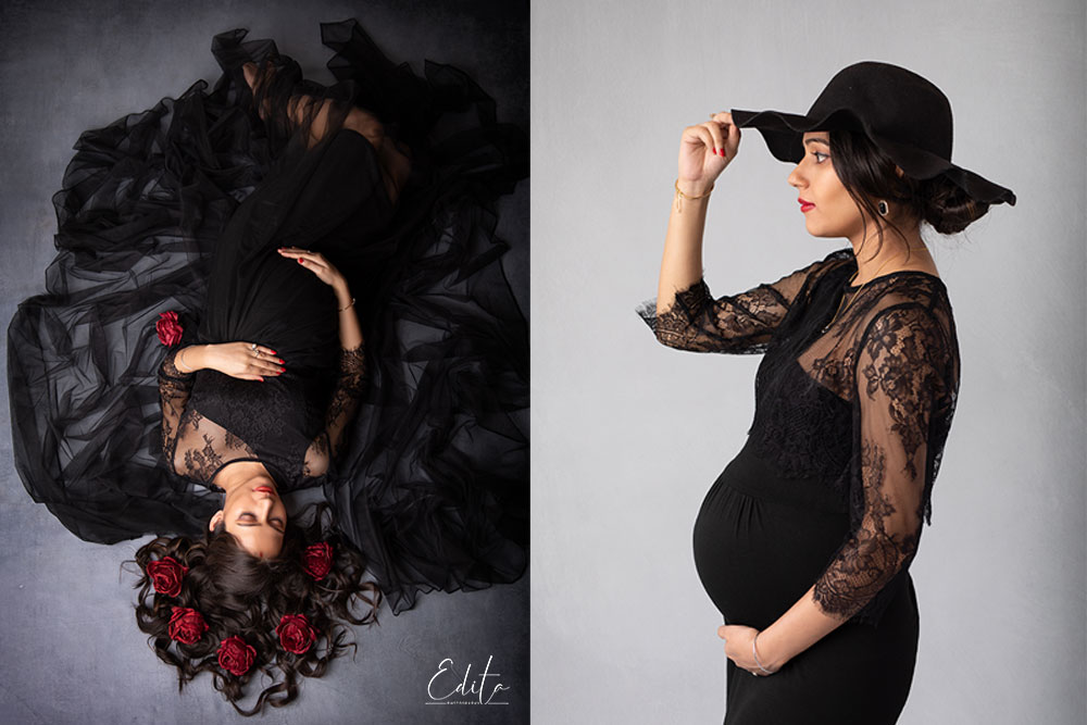 Black maternity gown for photo shoot at Edita photo studio in Pune