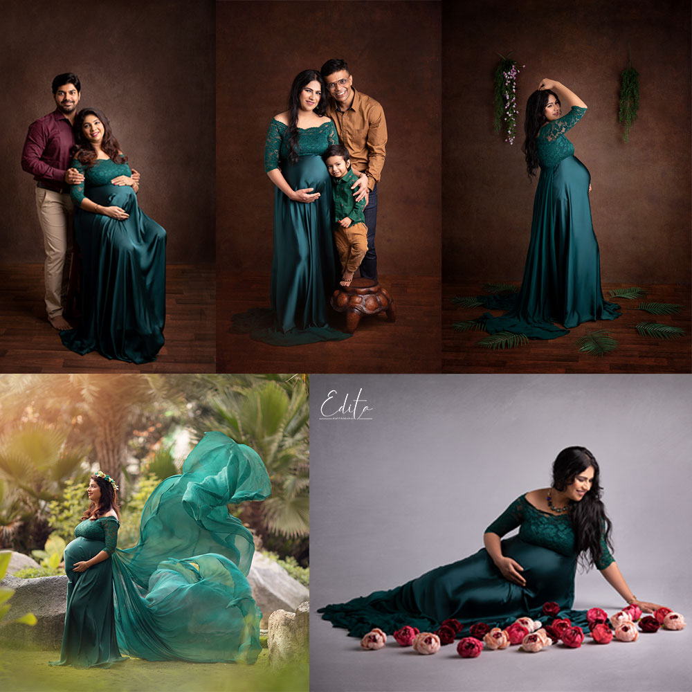 Green maternity gown for photo shoot at Edita photo studio in Pune