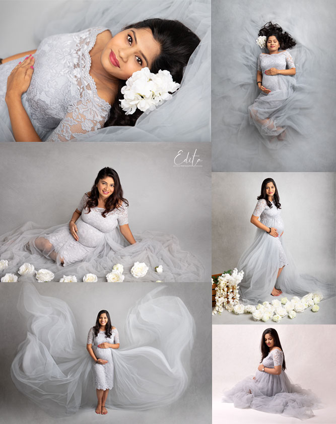 Grey lace maternity photo shoot gown by Yulia Soloveva Collection