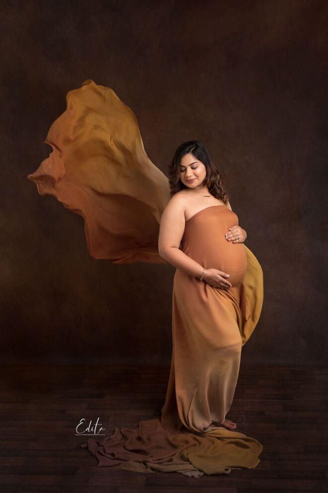 Pregnancy photography fabric tossing mustard and brown