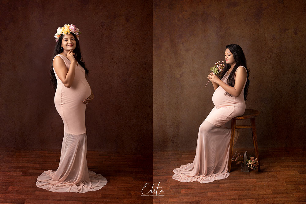 Peach maternity gown for maternity phoo shoot in Pune by Yulia Soloveva Collection