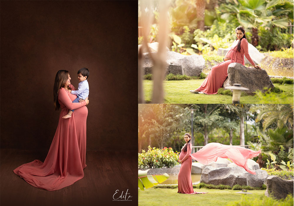 Pink pregnant women gown for photo shoot in Pune