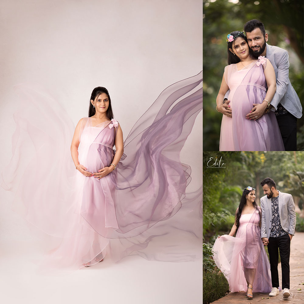 Pink maternity gown for pregnancy photoshoot in Pune