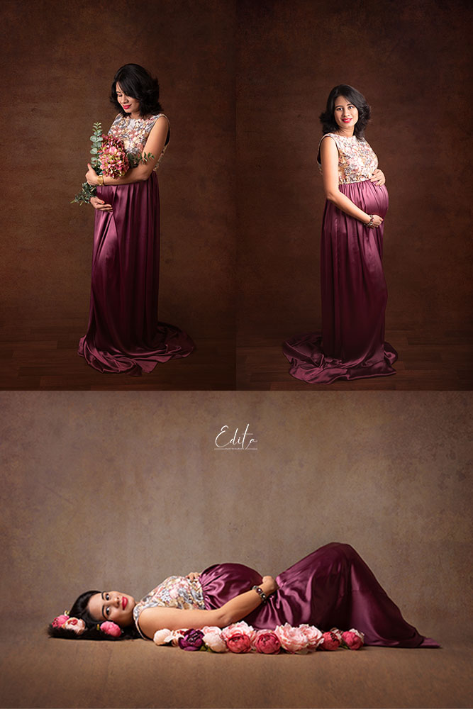 Deep purple maternity dress for shoot in Pune by Yulia Soloveva Collection