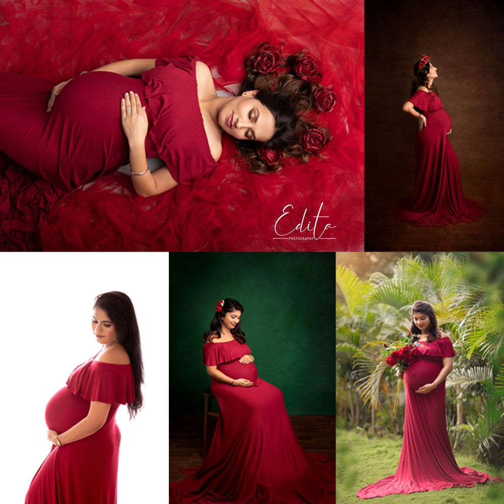 Red maternity gow for photoshoot in Pune by Edita photography