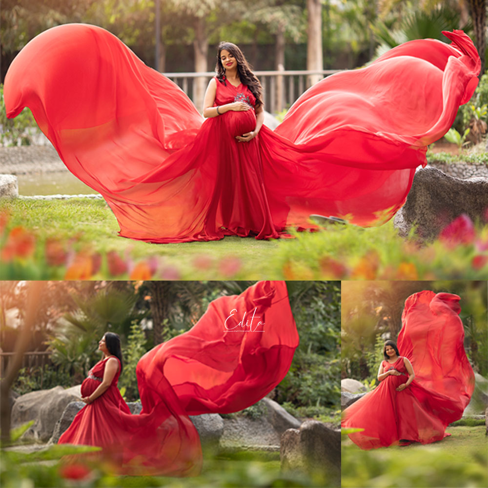 Red flying maternity gown for photography in Pune