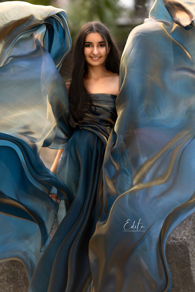 Organza blue and golden flying gown for photo shoots