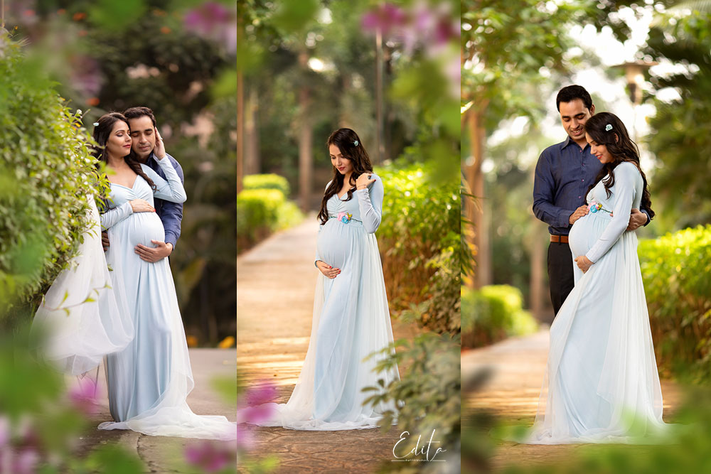 Turquoise pregnancy outfit for photography in Pune by Yulia Soloveva Collection
