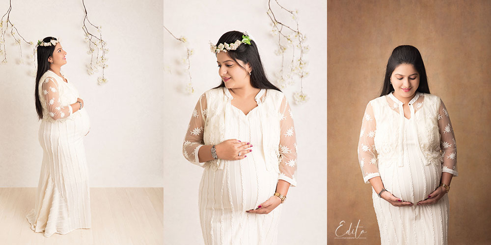 White maternity photo shoot gown for photography in Pune