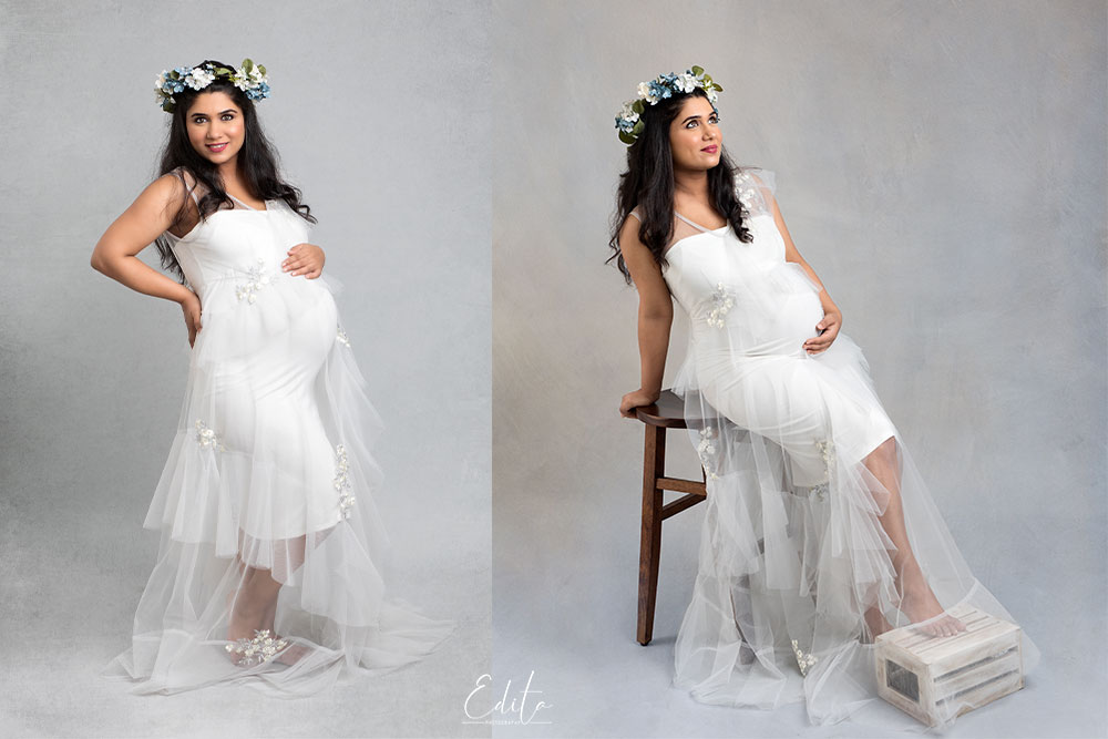 White elegant pregnancy dress for photography in Pune