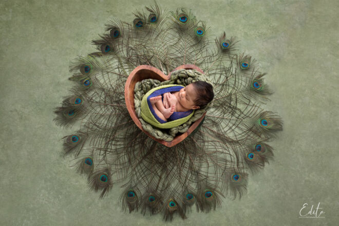 Newborn photo shoot in heart shaped bowl surrounded by peacock feathers