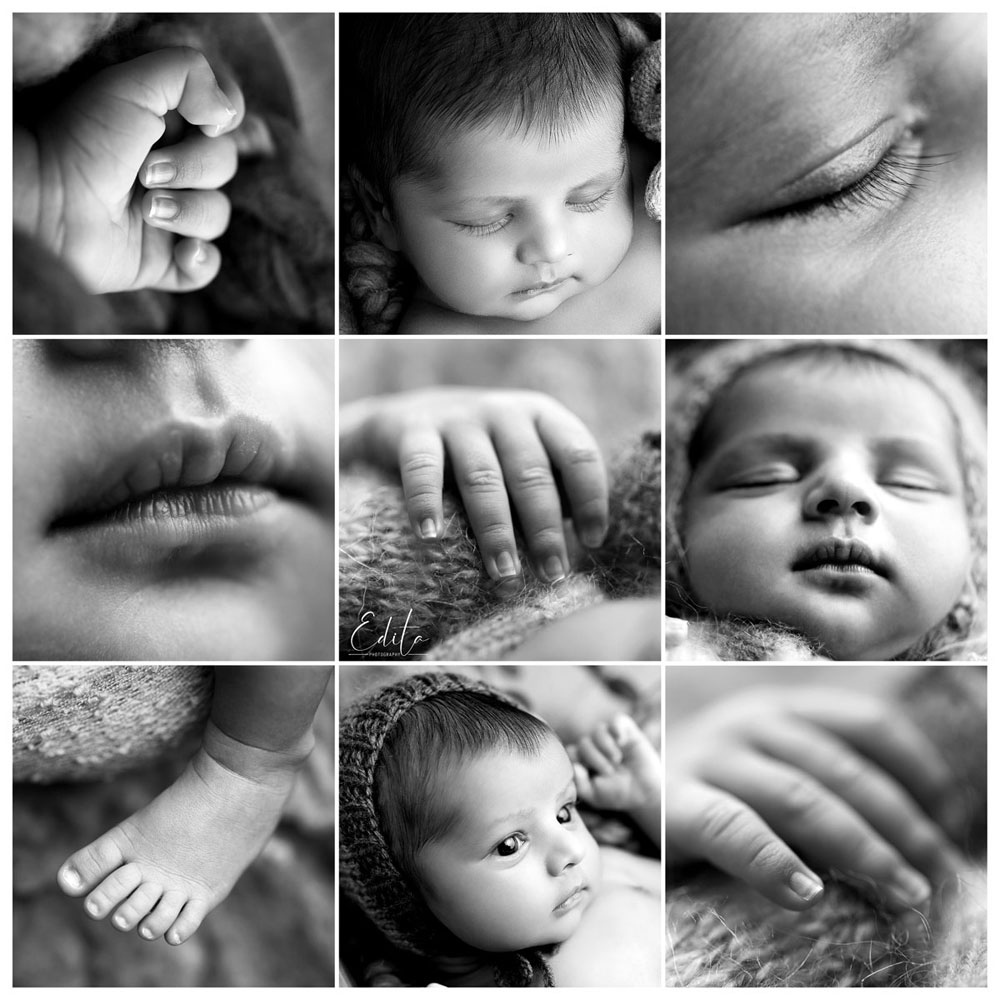 Tiny bits of newborn boy in black and white