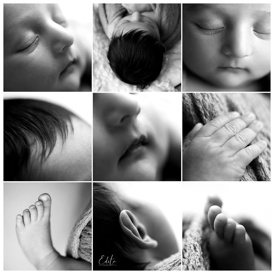 Newborn baby black and white close-up photos