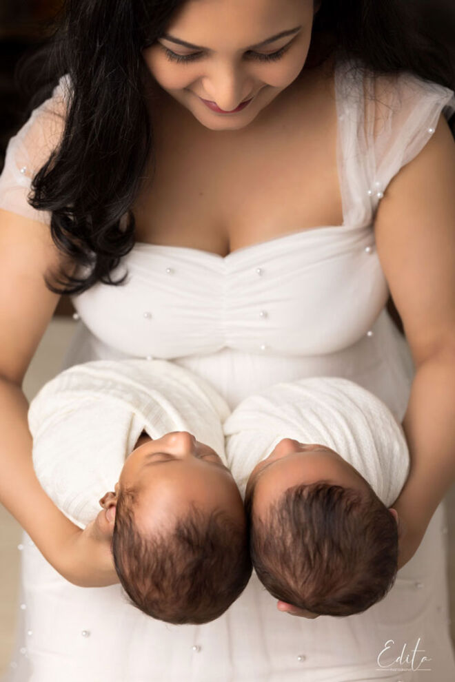 Newborn baby twins photo shoot with mother